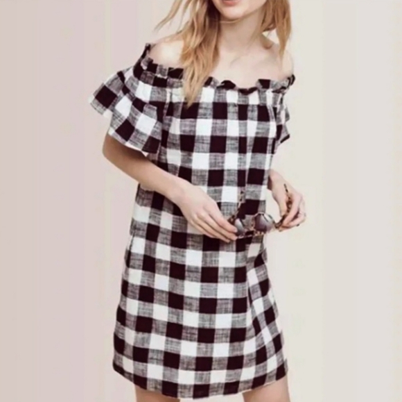 Anthropologie Philosophy Black & White Plaid Mini Linen Blend Dress Medium - Picture 1 of 10